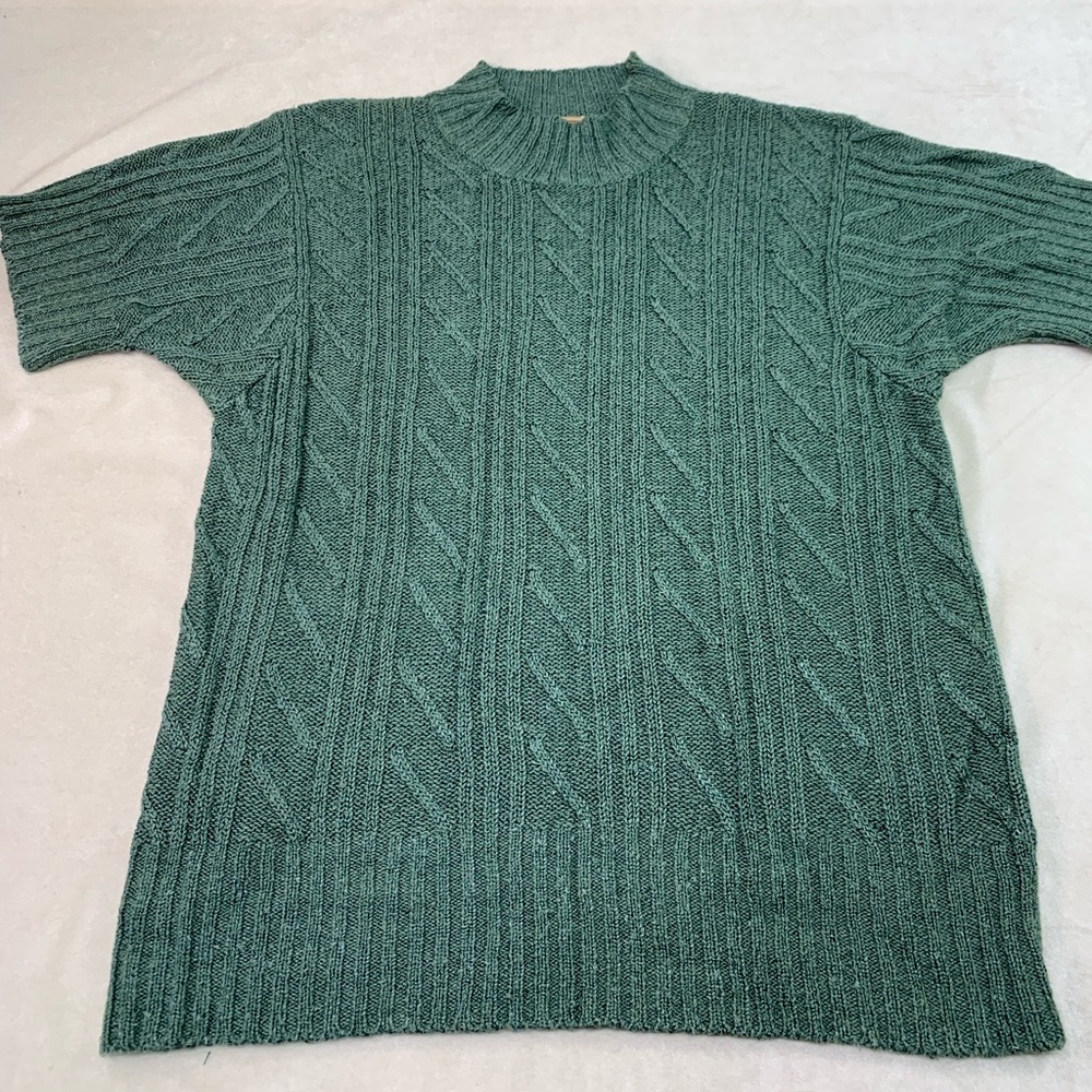 Woolrich women’s med short sleeve sweater teal sage basil green woven silk rayon